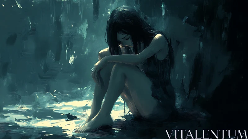 Solitary seated figure in dark blue abstract interior space.