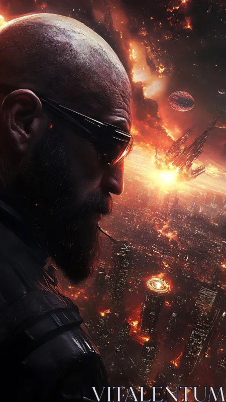 Solar warlord surveys burning cybercity under falling worlds.