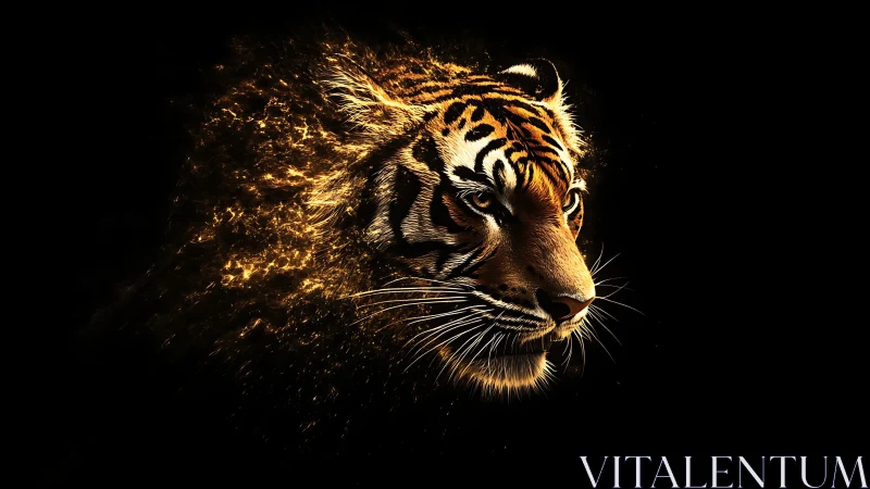 Glowing tiger portrait burns gently from darkness into light