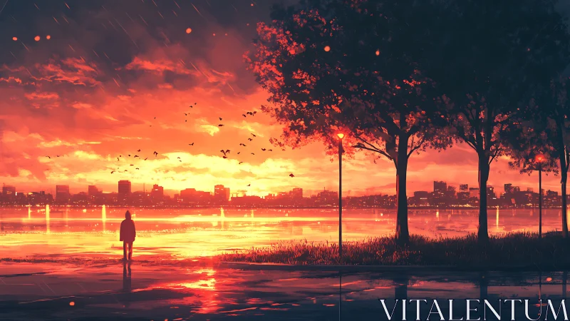 Backlit lakeside cityscape renders high contrast dusk atmosphere