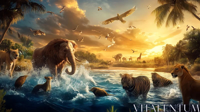 Digital painting of wildlife river crossing at radiant sunset.