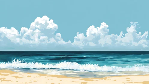 Sunlit shoreline meets deep teal ocean under cumulus line