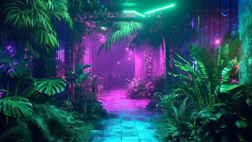 Neon rainforest corridor under vivid magenta green glow.