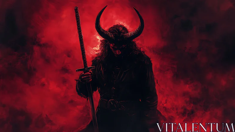 Horned dark warrior stands in blood-red infernal mist.