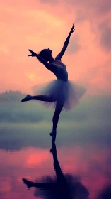 Graceful ballerina silhouette dances over misty water at dusk