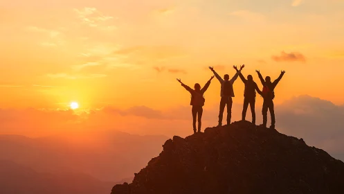 Hikers stand on mountain peak celebrating sunrise sky.