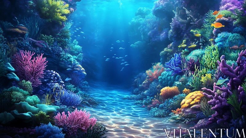 Radiant coral canyon teems with tropical marine life below.