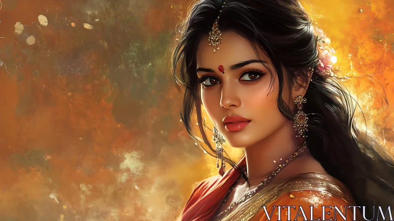 Golden glow around a serene woman in traditional adornment.