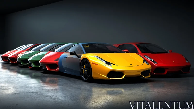 Row of vivid sports cars lined up in a dark studio.