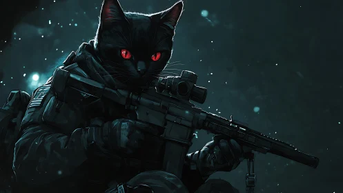 Midnight commando cat with glowing red hunter eyes.