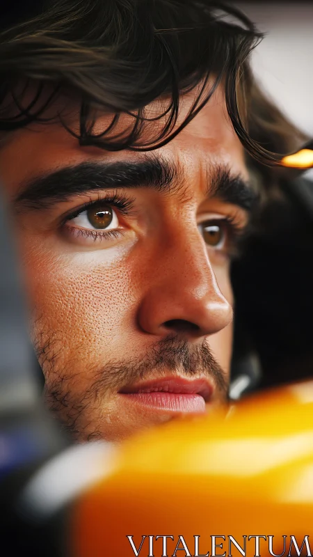 Steely-eyed racer locked in amber-lit cockpit focus.