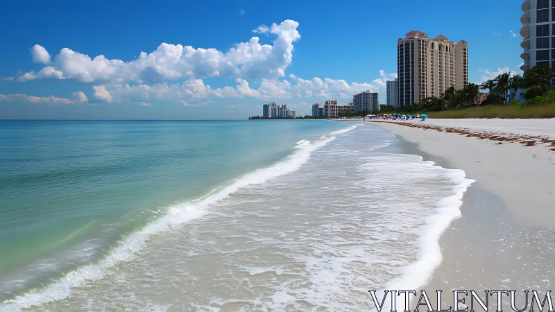 Calm shoreline beside modern beachfront high rise towers.