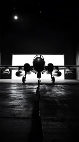 Jet aircraft silhouette in hangar with strong backlighting.