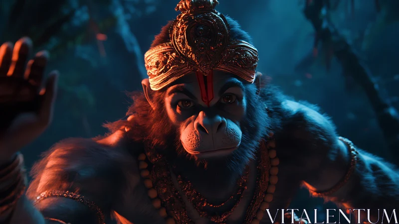 Simian deity figure is rendered in detailed 3D lighting