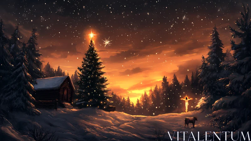 Snowlit cabin, radiant tree, and a dawnlit winter blessing.