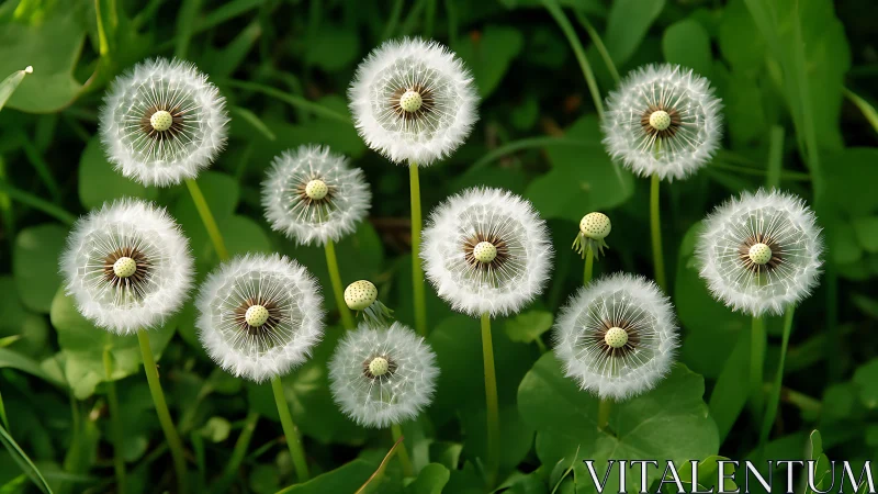 Dandelion Seed Heads in Lush Green Garden.