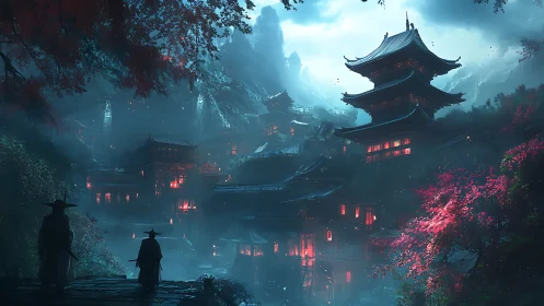 Samurai overlook misty lantern-lit mountain temple city