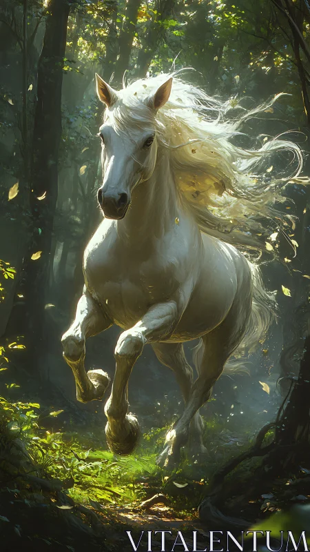 White horse runs through sunlit forest with dynamic motion