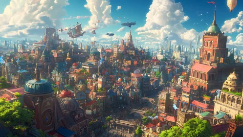 Dense steampunk skyline with hybrid airship traffic under volumetric clouds