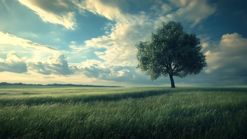 Lone Tree in Lush Field Under Dramatic Sky, Photorealistic Style.