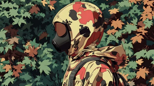 Camo hooded wanderer with gas mask in stylized foliage.