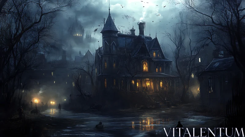 Gothic mansion glows under stormy night skies, hinting dread
