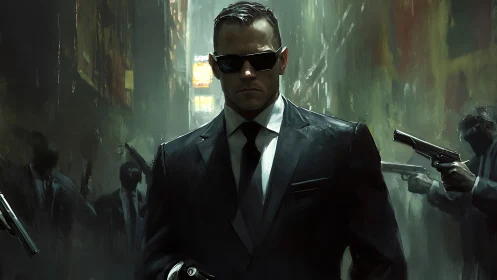 Suit-clad armed figure in narrow urban alley at night.