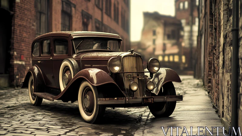 Vintage four-door sedan on wet cobblestone alleyway at dusk.