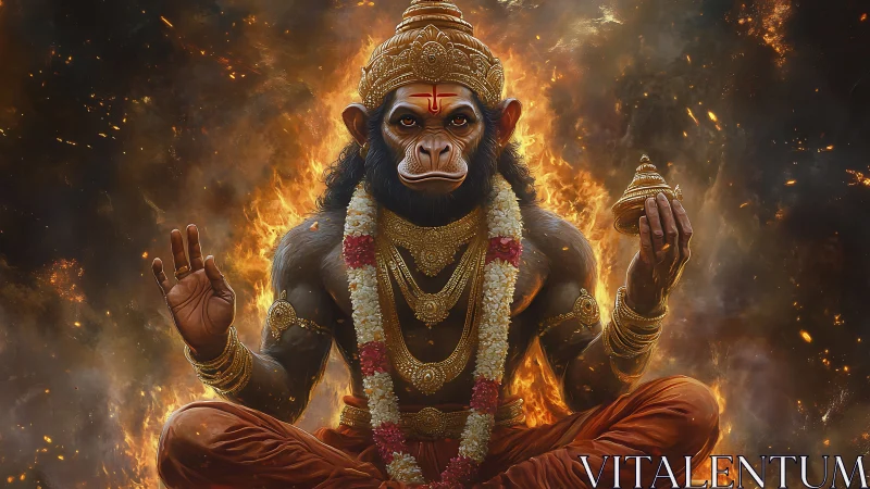 Radiant monkey deity meditating in a circle of warm fire.