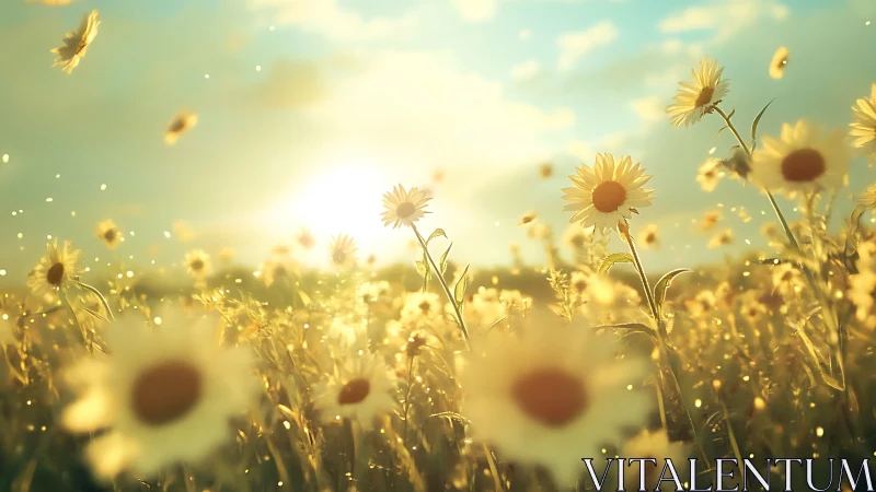 Sunlit daisy meadow drifting in a golden summer haze.