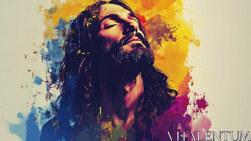 Serene bearded dreamer bathed in swirling sunset colors.