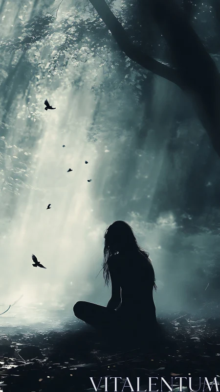 Forest light cradles a quiet silhouette in drifting birdsong