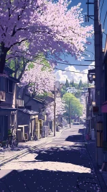 Cherry blossom-lined residential street rendered in calm anime style