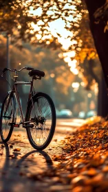 Bicycle parked beneath tree canopy with bokeh foliage illumination.