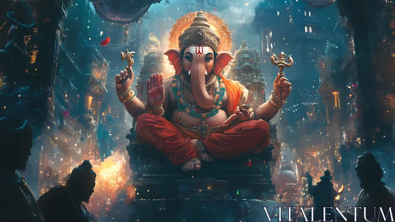 Radiant elephant-headed deity in a glowing night temple.