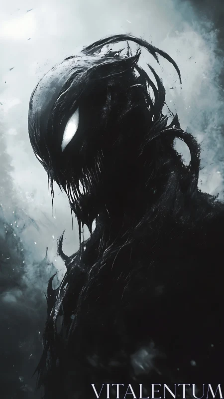 Shadowy humanoid entity with glowing eyes in misty void.