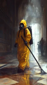 Hazmat cleaner walking through dim hallway with fumes.
