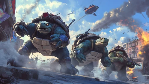 Armored mutant turtles lead urban assault through burning city