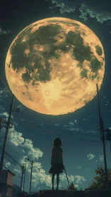 Girl stands under oversized glowing moon in twilight sky