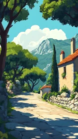 Sunlit mountain lane winding past a quiet stone cottage.