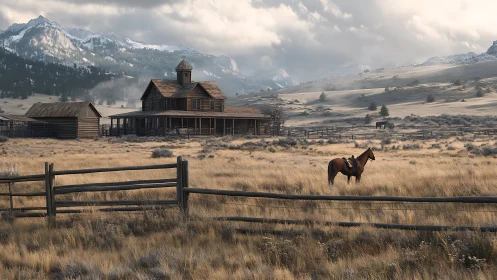 Western ranch landscape with saddled horse in golden field.