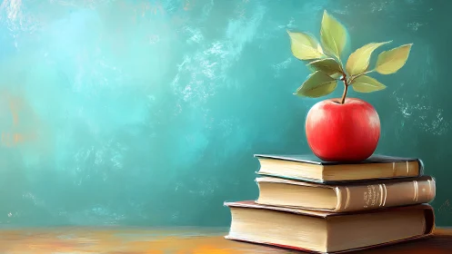 Chromatic still life of stacked textbooks and apple foliage.