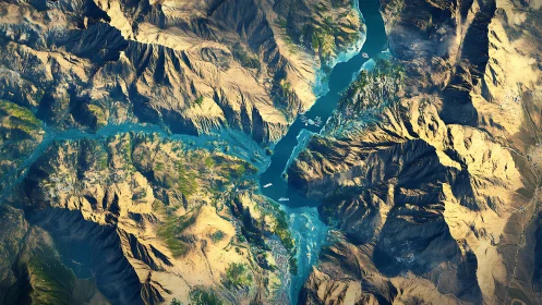Satellite style render of river canyon with steep mountains.