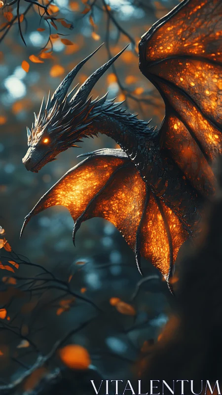 Glowing forest dragon stretching fiery wings at twilight.