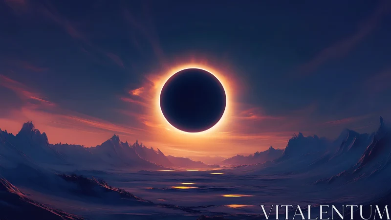 Total solar eclipse over glacial alien landscape at dusk