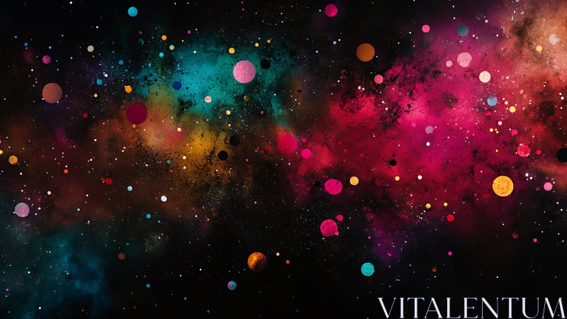 Digital field of multicolored particles on black background
