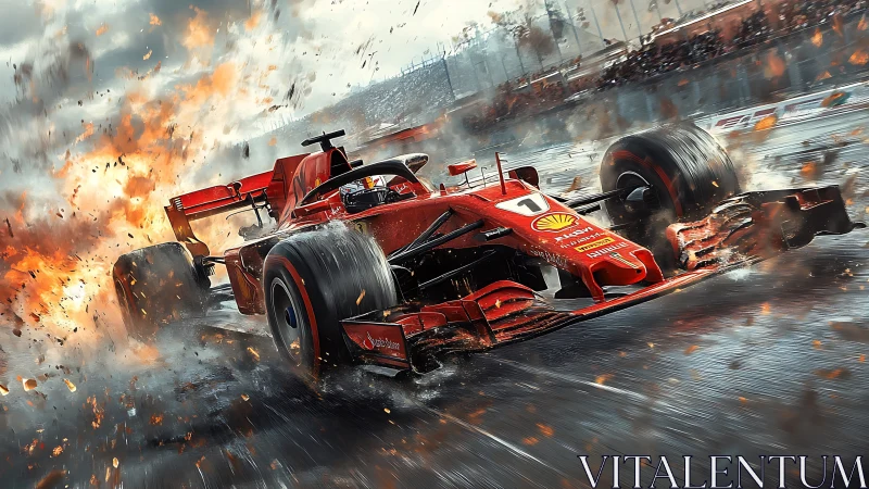 Red thunderbolt slices through sparks on a drenched racetrack