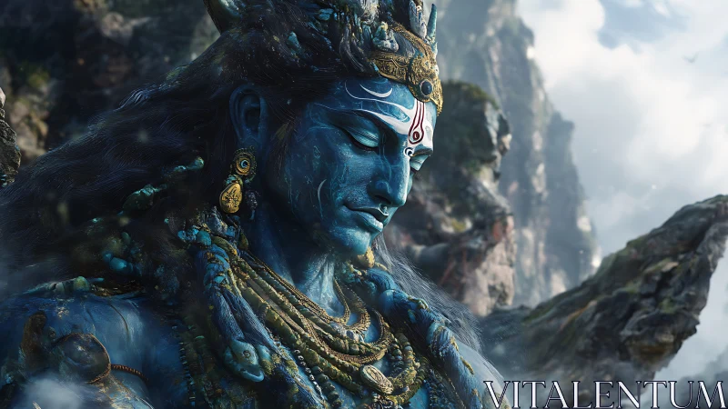 Divine blue deity rendered in ornate mountain serenity.