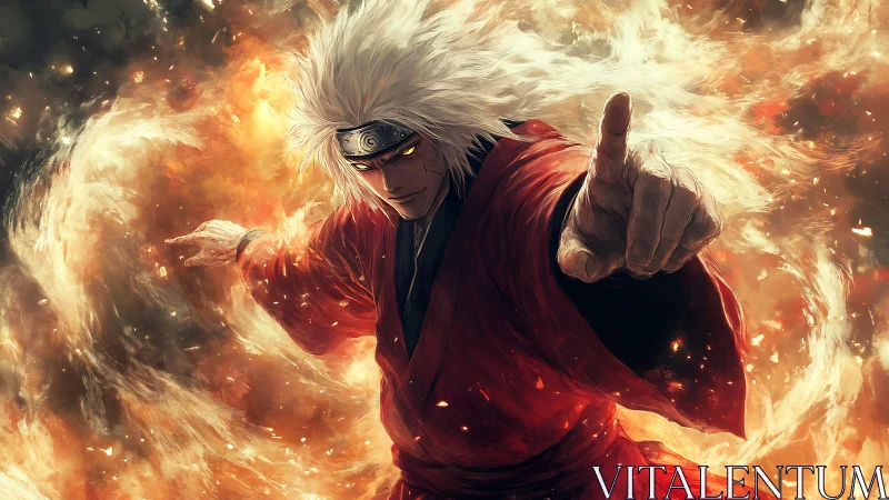 White haired warrior in red robe commands swirling flames.
