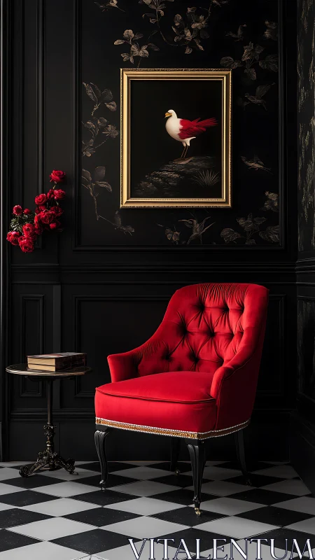 Crimson armchair and bird portrait in cozy noir corner.